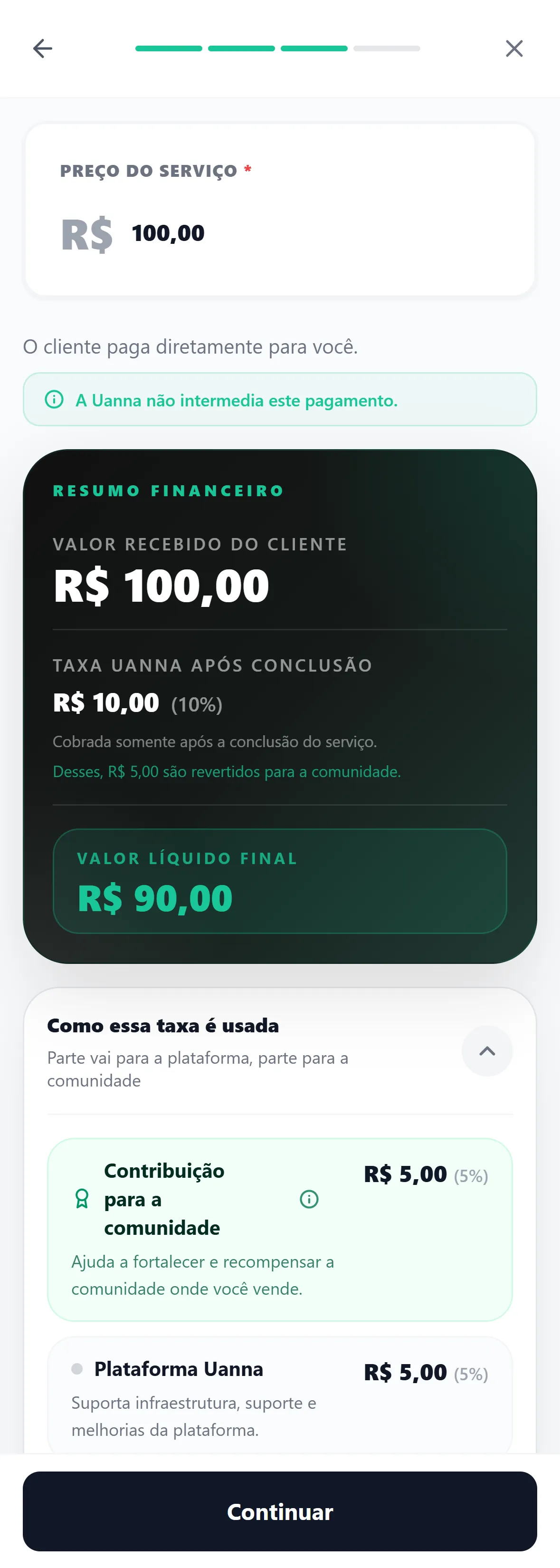 Tela de preço mostrando a decomposição do que o prestador recebe