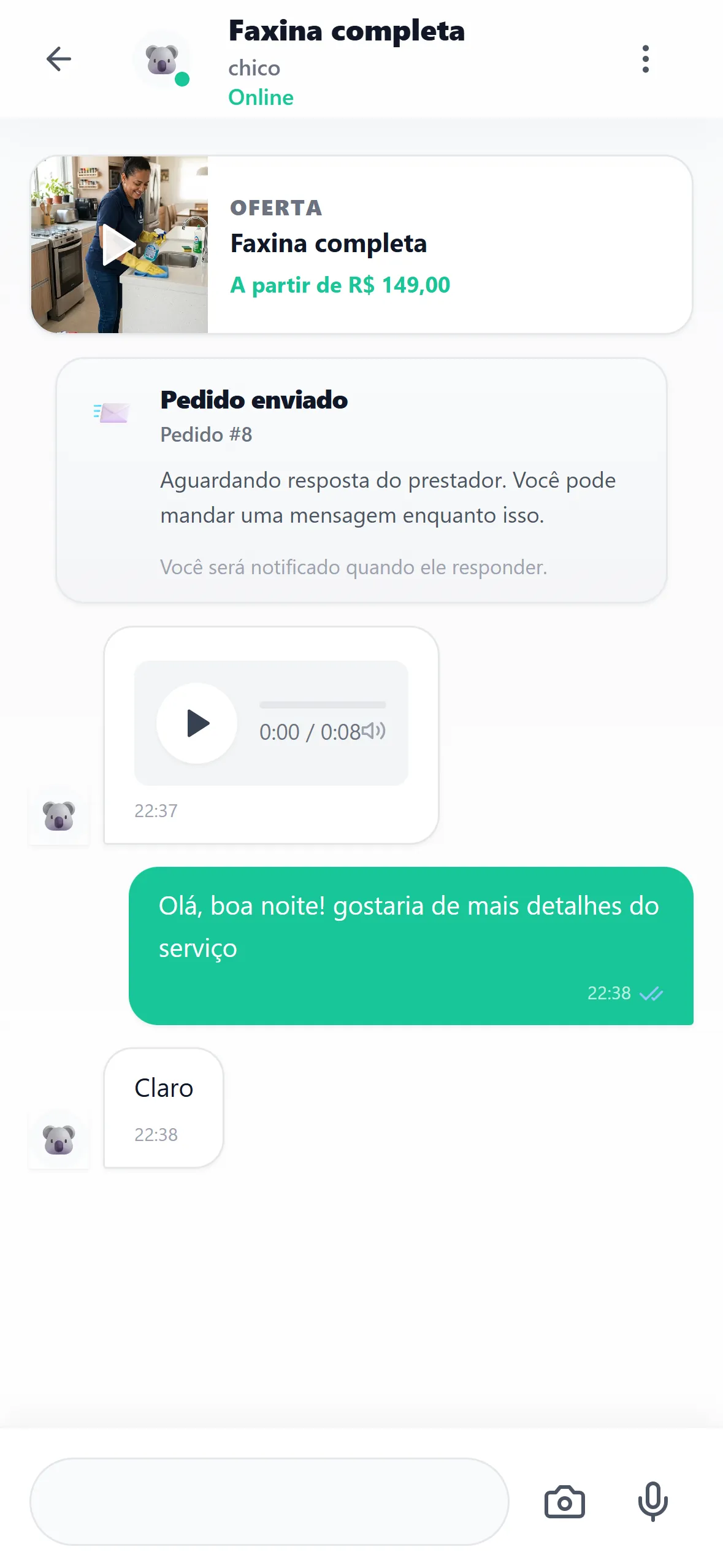 Conversa no chat da Uanna, com o card do serviço no topo