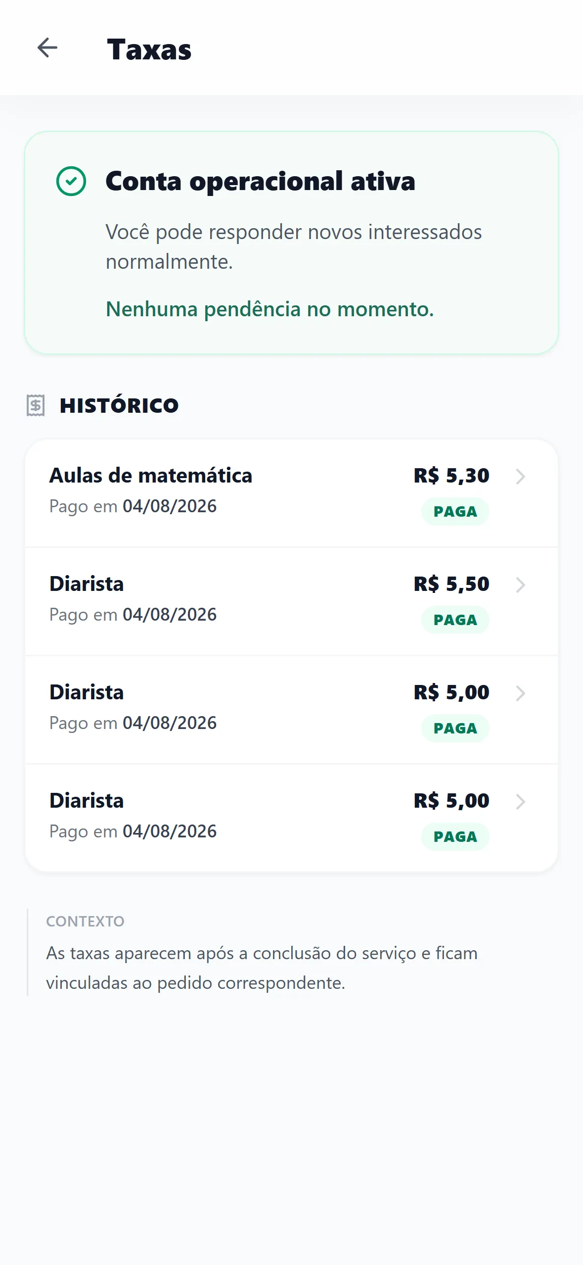 Tela de taxas do prestador, com o status em dia