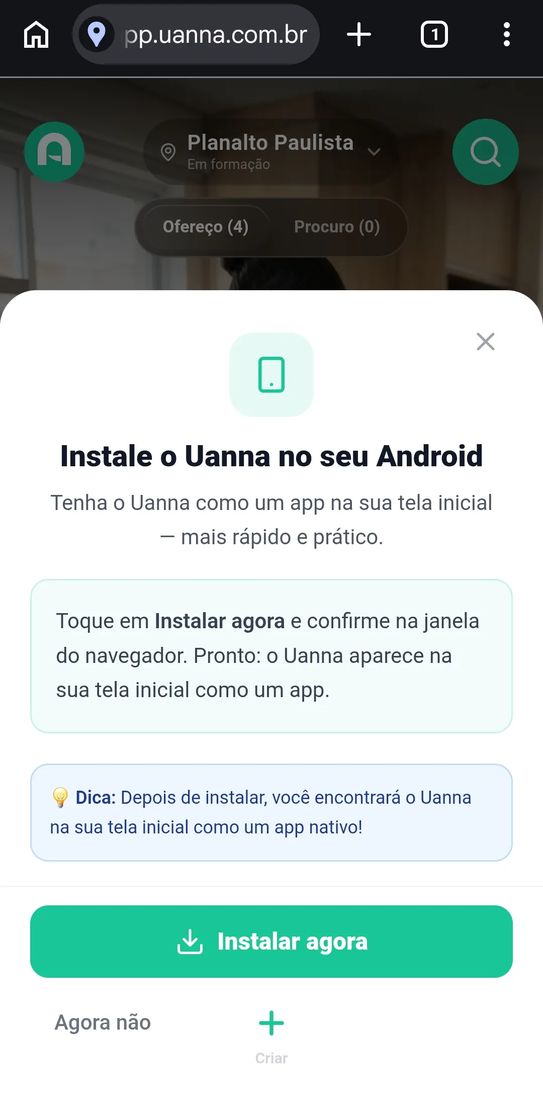 Tela da Uanna no Chrome do Android oferecendo instalar o app, com o botão Instalar agora