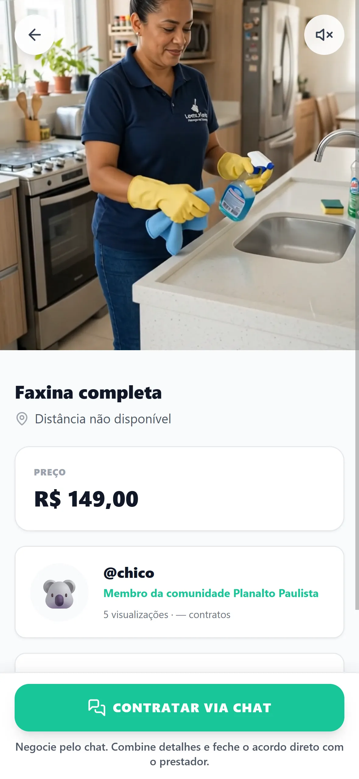 Detalhe de um serviço, com preço e botão de chamar