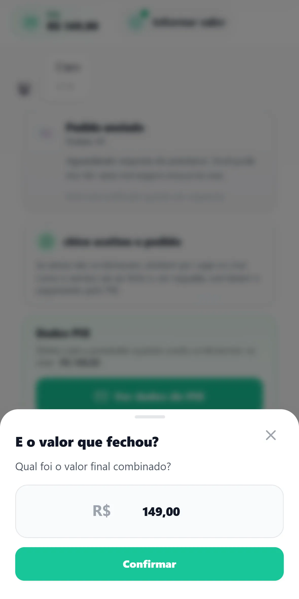 Folha no rodapé do chat perguntando qual foi o valor final combinado, com o campo preenchido em R$ 149,00