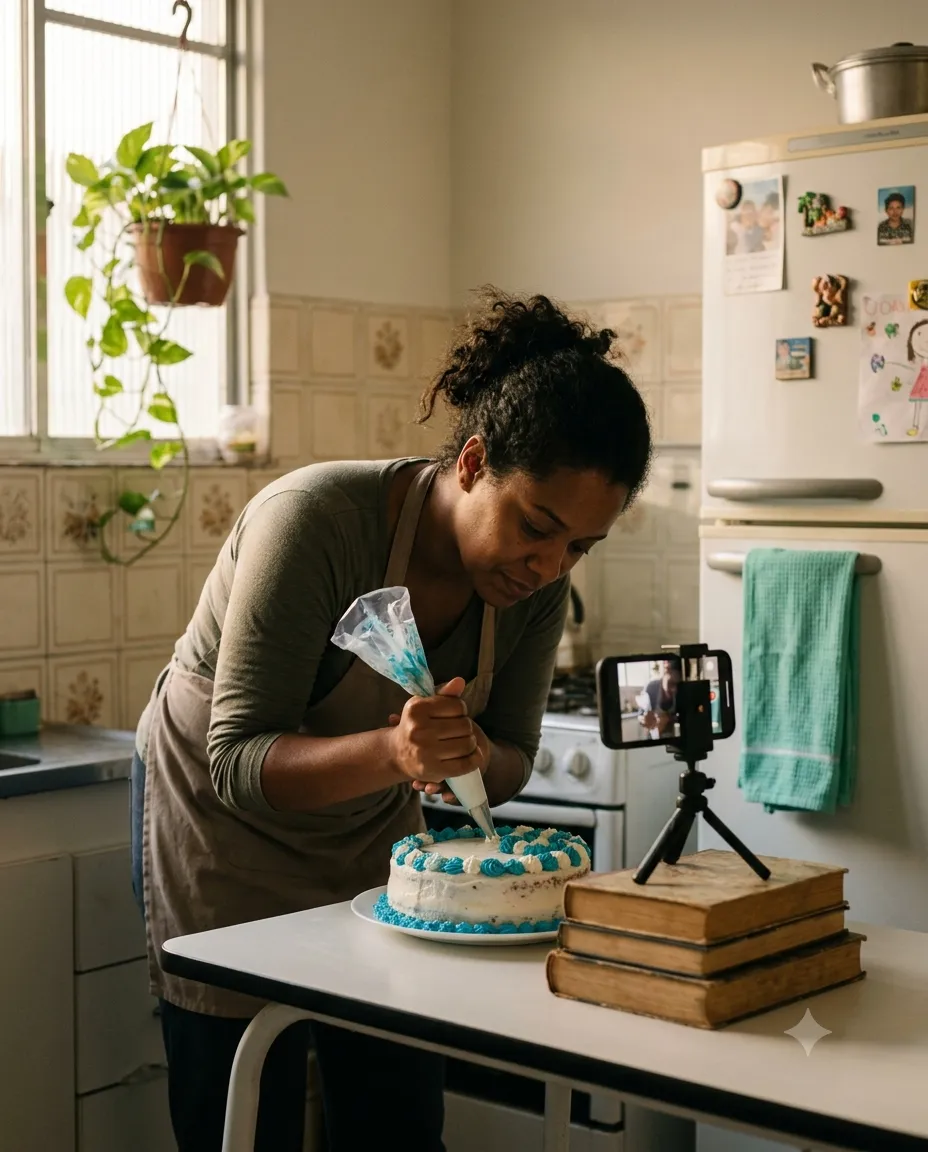 Bolo sendo decorado com saco de confeiteiro numa cozinha de casa