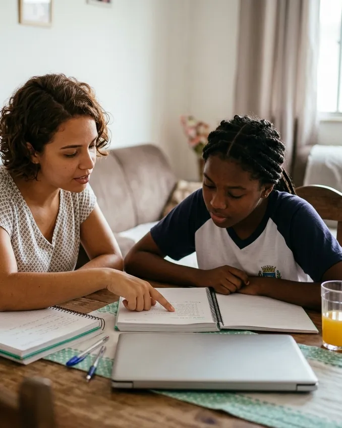 Aula particular na mesa da sala, com o caderno aberto